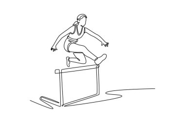 Atletizm stadyumunda atletizm antrenmanı sırasında engelin üzerinden atlayan tek çizgi çizen atlet. Kadın engelli koşucu engeli aşıyor. Bir çizgi çizimi grafik tasarım vektör çizimi