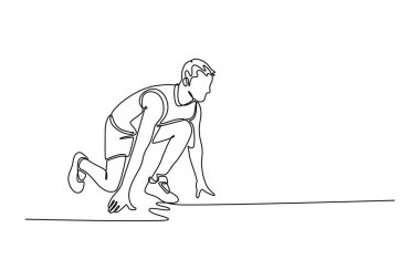 Tek sıra halinde kendine güvenen bir adam koşmaya hazır. Yarış için hızlı koşu maratonu yapan bir erkek sporcu. Devamlı çizgi çizimi tasarım vektörü illüstrasyonu
