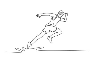 Aktif erkek sporcunun koşu parkurunda koşmaya başlamasını sağlayan tek çizgi. Hız ve dayanıklılık. Spor anlayışı, maraton, rekabet. Aralıksız çizgi çizimi tasarım grafik vektör çizimi