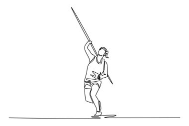 Tek sıra halinde, kadın atlet antrenmanlarını çekerek ulusal spor stadyumunda cirit atmaya devam ediyor. Sağlıklı yaşam tarzı, hareket, aktivite, rekabet. Tek çizgi çizimi tasarım vektörü grafik çizimi