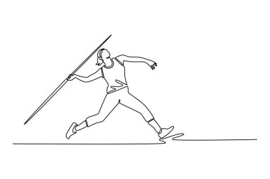 Spor sahasındaki stadyuma cirit atan kadın sporcuları çeken bir çizgi. Profesyonel kadın sporcu eğitimi, hareket. Tek çizgi çizimi tasarım vektörü grafik çizimi