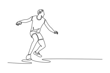 Çekici erkek sporcunun ulusal stadyuma tahta disk attığı bir çizgi devam ediyor. Discus, spor şampiyonasında atletizm yapıyor. Tek çizgi çizimi tasarım vektörü grafik çizimi
