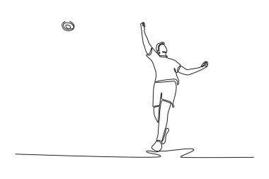 Stadyumda atletizm antrenmanı yapan bir erkek sporcunun sürekli bir çizgisi. Güçlü dönüş tekniği, kusursuz ayak hareketleri, patlayıcı güç. Tek çizgi çizimi tasarım vektörü grafik çizimi