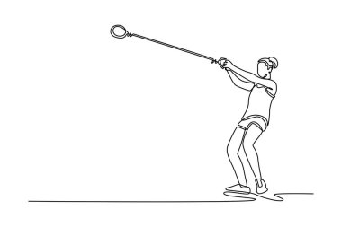 Çekici bir bayan sporcunun açık hava stadyumunda attığı tek sıra. Güçlü dönüş tekniği, kusursuz ayak hareketleri. Bir çizgi çizimi grafik tasarım vektör çizimi