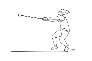 Stadyumda çekiç fırlatma yapan tek bir bayan atlet çiziyor. Sporcu kadın eylem, hareket, denge ve atletizm eğitimi alıyor. Bir çizgi çizimi grafik tasarım vektör çizimi