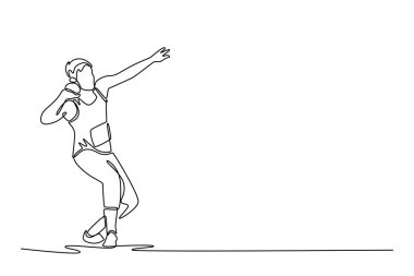 Odaklanan tek çizgi erkek atış sopası topu sıkıca boynuna dayar, kaslar gergin ve güçlü bir atış yapmaya hazırlanır. Aralıksız çizgi çizimi tasarım grafik vektör çizimi