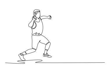 Tek sıra halinde atletizm müsabakasında atış yapmaya hazırlanan erkek sporcu. Hassasiyetle ağır küresel bir atış başlatılıyor. Modern sürekli çizgi çizimi tasarım grafik vektör çizimi