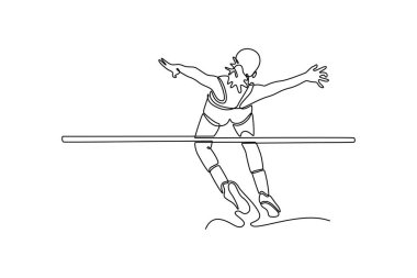 Tek sıra halinde bayan yüksek atlama sporcuları stadyumda eğitiyor. Sağlık, dayanıklılık, uygulama. Kardiyo egzersizi için sıçrama ve çeviklik. Tek çizgi çizimi tasarım vektörü grafik çizimi