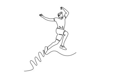 Atletizm stadyumunda uzun atletizm performansı sergileyen bir erkek atlet. Spor, aksiyon, hareket, hız, sağlıklı yaşam tarzı. Tek çizgi çizimi tasarım vektörü grafik çizimi