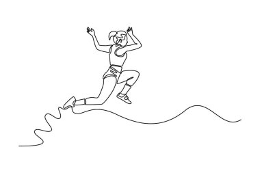 Spor formalı kadın sporcuların atletizm turnuvasında kum havuzunda zıpladığı tek sıra. Sporcu kadın stadyumda antrenman yapıyor. Bir çizgi çizimi grafik tasarım vektör çizimi