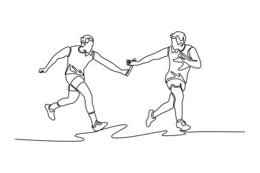 Açık hava stadyum pistinde sopayla koşan tek çizgi çizen adam takımı. Koşu yarışmasında işbirliği ve atlet grubu. Bir çizgi çizimi tasarım vektörü illüstrasyonu