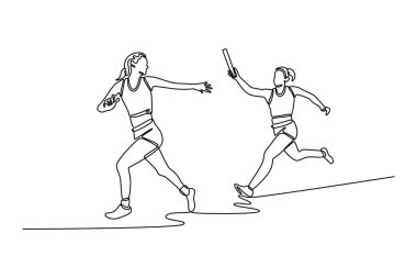 Stadyum pistinde bastonla koşan çekici kadın takımını çeken tek sıra. Rekabetçi bir yarışta barı tutan bir grup sporcu. Bir çizgi çizimi tasarım vektörü illüstrasyonu