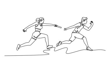 Heyecan verici bayrak yarışında tek sıra koşucuları erkek ve dişi pası çekiyor. Kardiyo eğitimi ya da antrenman için koşu ya da takım çalışması. Dinamik bir çizgi çizer grafik tasarım vektörü çizer