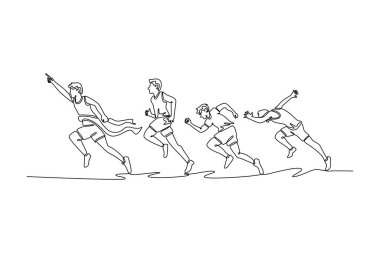 Bitiş çizgisine tek sıra halinde koşan genç bir koşucu, bir atletizm müsabakasında rakipleri arkasında dururken bitiş çizgisine doğru ilerliyor. Bir çizgi çizimi grafik tasarım vektör çizimi