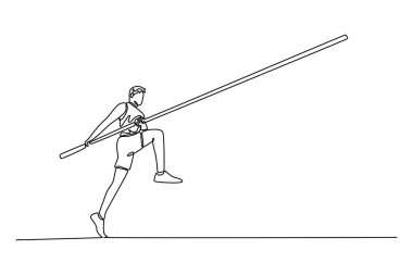 Tek sıra halinde profesyonel erkek sırıkla atlamacı zorlukların üstesinden gelmeye hazır, turnuvaya hazırlanıyor. Açık hava stadyumunda antrenman yapıyorum. Aralıksız çizgi çizimi tasarım grafik vektör çizimi