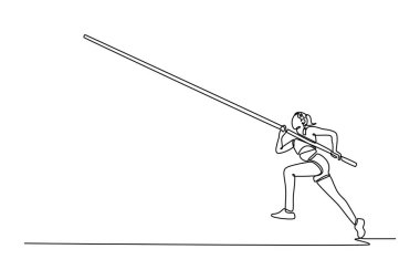 Tek sıra halinde profesyonel bayan sırıkla atlamacı zorlukların üstesinden gelmeye hazır. Kardiyo egzersizi ya da atletizm yarışması için çeviklik. Aralıksız çizgi çizimi tasarım grafik vektör çizimi