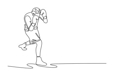 Tek sıra halinde duran ve dövüşmeye hazır genç ve kendinden emin boksörü kendine çekiyor. Profesyonel sporlar, aktif yaşam tarzı, vücut, güç. Tek çizgi çizimi tasarım vektörü grafik çizimi