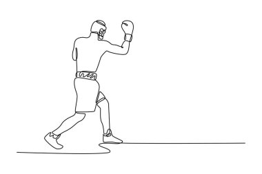 Tek sıra halinde, kaslı, terleyen, güçlü vücutlu, aparkat yumruğu pratiği yapan kararlı bir adam. Boks sporcusu hareket halinde, vücut, güç. Aralıksız çizgi çizimi tasarım grafik vektör çizimi