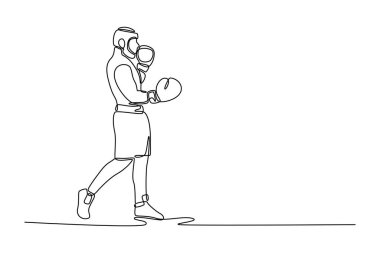 Tek sıra halinde antrenman sırasında erkek boksör sporcu aparkat egzersizi yapıyor. Profesyonel spor, aktif yaşam tarzı, vücut, güç. Tek çizgi çizimi tasarım vektörü grafik çizimi