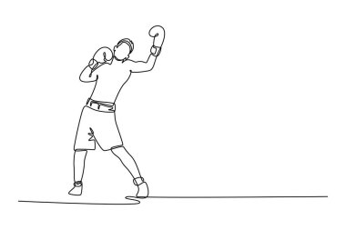 Tek sıra halinde agresif boksör eğitimi ve aparkat çalışması. Dövüşçü hareket halinde egzersiz yapıyor. Sağlık, spor, hareket konsepti. Modern sürekli çizgi çizimi tasarım grafik vektör çizimi