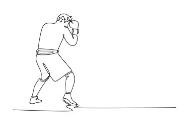 Boks ringinde savunma pozisyonu sergileyen genç boksör. Erkek boksör ulusal boks turnuvası için antrenman yapıyor. Tek çizgi çizimi tasarım vektörü grafik çizimi