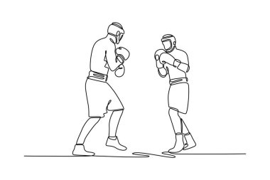 Aralıksız tek sıra halinde iki erkek sporcu kaslı üstsüz dövüşçüyü ringde boks antrenmanının keyfini çıkarıyor. Profesyonel boksörün rakibi var. Tek çizgi çizimi tasarım vektörü grafik çizimi