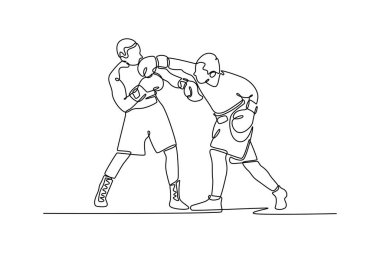 Boks maçı sırasında rakibine kanca yumruğuyla saldıran agresif bir sporcunun sürekli çizdiği bir çizgi. Boks ringinde karşılaşan iki boksör. Tek çizgi çizimi tasarım vektörü grafik çizimi