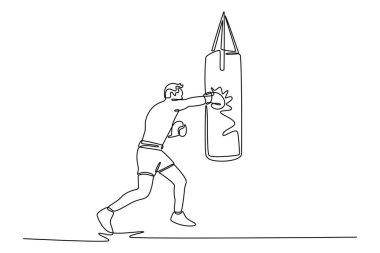 Tek sıra halinde, boks yapan güçlü bir erkek sporcuyu kum torbasıyla yoğun bir şekilde eğitiyor. Gücünü, becerisini, hareketini ve kararlılığını gösteriyor. Bir çizgi çizimi grafik tasarım vektör çizimi