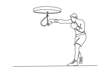 Boks eldivenli erkek boksör çizen tek çizgi, spor salonunda yumruk pratiği yapıyor ve küçük kum torbalarına vuruyor. Spor yapan, spor yapan güçlü bir adam. Bir çizgi çizimi grafik tasarım vektör çizimi