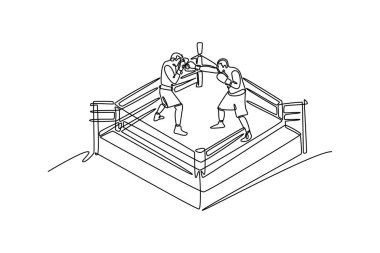 Tek sıra halinde iki kaslı erkek boks sporcusunu ringde dövüştürüyor. Profesyonel spor, rekabet, motivasyon, güç. Dinamik bir çizgi grafik tasarım vektörü çizimi