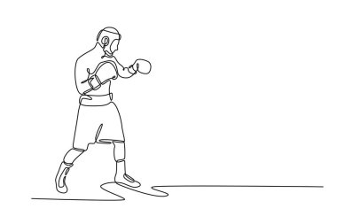 Tek sıra halinde, çıplak gövdeli, boks eldivenli, dövüşmeye hazır profesyonel boksör. Spor salonunda boks şampiyonu. Modern sürekli çizgi çizimi tasarım grafik vektör çizimi