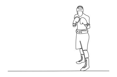 Boks pozisyonunda sert erkek boksör çeken tek çizgi. Profesyonel boks maçı için hazır. Spor, sağlıklı, vücut, güç. Aralıksız çizgi çizimi tasarım grafik vektör çizimi