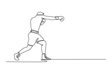 Saldırgan boksör tek sıra yumruk egzersizi yapar elleri boks eldivenleriyle kaplıdır. Sağlık, spor, hareket konsepti. Aralıksız çizgi çizimi tasarım grafik vektör çizimi