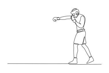 Tek sıra halinde, koruyucu başlık takan boksör ve dövüş antrenmanı yapan boks eldivenleri. Spor anlayışı ve sağlıklı yaşam tarzı. Devamlı çizgi tasarımı grafik vektör illüstrasyonu