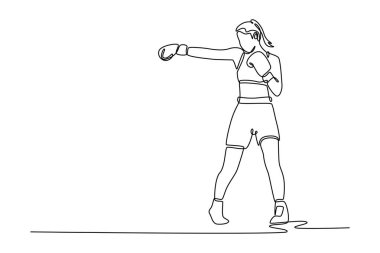 Tek sıra halinde spor giyim ve boks eldivenleriyle boks antrenmanı yapan aktif kadın boksör. Spor anlayışı ve sağlıklı yaşam tarzı. Modern sürekli çizgi çizimi tasarım grafik vektör çizimi