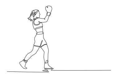 Sürekli bir çizgi, azimli aktif bir kadını terli, güçlü bir vücutla aparkat yumruğu ile çekiyor. Boks sporcusu hareket halinde, vücut, güç. Tek çizgi çizimi tasarım vektörü grafik çizimi