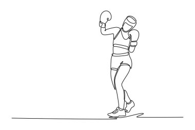 Spor salonundaki antrenman sırasında sürekli aktif kadın boksör antrenmanı yapan bir çizgi. Profesyonel spor, vücut, güç. Tek çizgi çizimi tasarım vektörü grafik çizimi