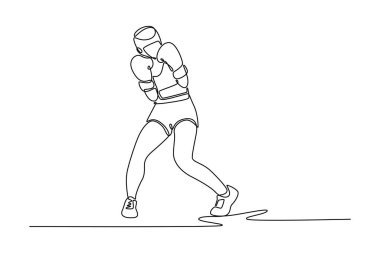 Spor salonundaki antrenman sırasında boksör kadın boksör çizmeye devam et. Ulusal maç için boks antrenmanı. Tek çizgi çizimi tasarım vektörü grafik çizimi