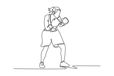 Tek sıra halinde duran ve dövüşmeye hazır genç, kendine güvenen bir boksörü kendine çekiyor. Profesyonel sporlar, aktif yaşam tarzı, vücut, güç. Tek çizgi çizimi tasarım vektörü grafik çizimi