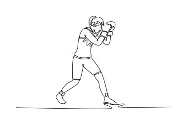 Boks ringinde kendini savunduğu için yüzünü örten güzel kadın boksör çizmeye devam ediyor. Beden eğitiminde kadın boksör. Tek çizgi çizimi tasarım vektörü grafik çizimi