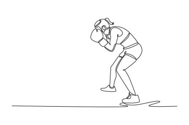 Çekici bayan boksör sürekli olarak spor salonunda yumruk atmaktan kaçınıyor. Boks antrenmanı ve kendini kontrol etme egzersizi. Tek çizgi çizimi tasarım vektörü grafik çizimi