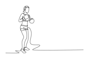 Tek sıra halinde boks pozisyonu alan sert bayan boksör. Profesyonel boks maçı için hazır. Spor, sağlıklı, vücut, güç. aralıksız çizgi çizimi tasarım grafik vektör çizimi