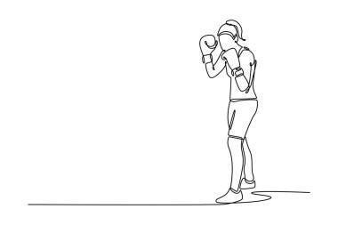Tek sıra halinde eldivenle poz veren güzel bayan boksör, harekete hazır. Boks, atlet, spor, güç, fitness, rekabetçi. Modern sürekli çizgi çizimi tasarım grafik vektör çizimi