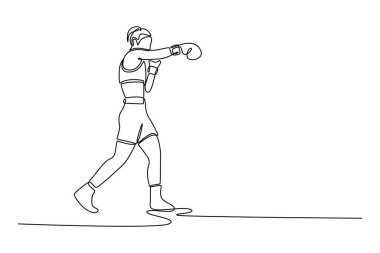 Agresif bayan boksör çizen tek çizgi yumruklarını elleriyle boks eldivenleriyle vuruyor. Sağlık, spor, hareket. Modern sürekli çizgi çizimi tasarım grafik vektör çizimi