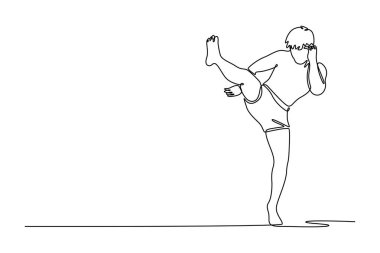 Tek sıra halinde profesyonel erkek boksör boks antrenmanını kapalı spor salonunda yapıyor. Formda erkek sporcu dövüşü. Spor, yarışma, turnuva. Devamlı çizgi tasarımı grafik vektör illüstrasyonu