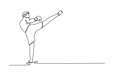 Muay Thai Spor Salonu 'nda boks eldiveni takan bir sporcunun sürekli çizdiği bir çizgi. Aktif erkek spor kulübünde vücut ve kardiyo gücü için egzersiz yapıyor. Tek çizgi tasarım vektör grafik çizimi