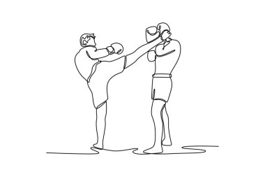 Sürekli bir çizgi halinde kaslı erkek Muay Thai boksörü antrenörünü tekmeliyor ya da spor ya da spor salonunda antrenman yapıyor. Profesyonel antrenör konsepti. Tek çizgi tasarım vektör grafik çizimi