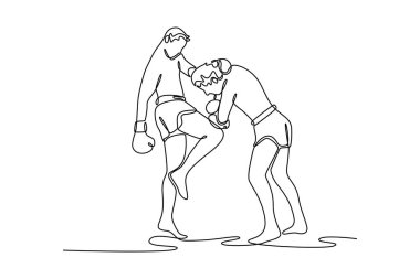 Maç sırasında ringde iki Muay Thai dövüşçüsü ve orta bölüme güçlü bir diz darbesi. Spor kulübünde antrenman. Tek çizgi çizimi tasarım vektörü grafik çizimi