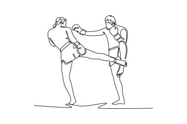 Devamlı tek sıra halinde Muay Thai dövüşçüleri antrenman eşleriyle kickboks numaraları yapıyor. Beden eğitiminde ringde dövüşmek. Genç profesyonel sporcular. Tek çizgi tasarım vektör grafik çizimi