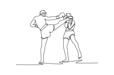 Tek sıra halinde iki profesyonel Muay Thai dövüşçüsü kickboks antrenmanı yapıyor, spor salonunda bir egzersiz, antreman partneriyle veya koçla kavga ediyor. Tek çizgi çizimi tasarım vektörü grafik çizimi